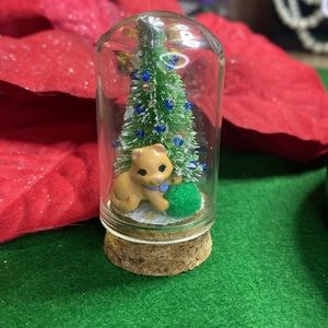 Miniature Diorama Cat with Christmas Tree in Glass Cloche